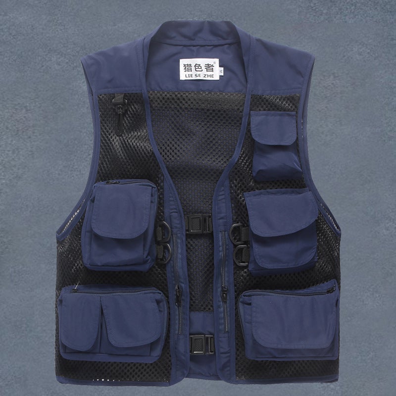 Multi-Pocket Mesh Fishing Vest for Men Blue