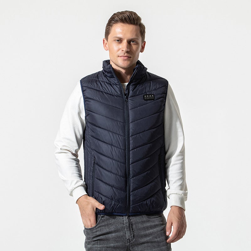 Winter intelligent heating vest District 17 electric heating vest USB charging constant temperature four-control stand collar warm cotton-padded coat Dark blue (the price of large goods can be discussed)