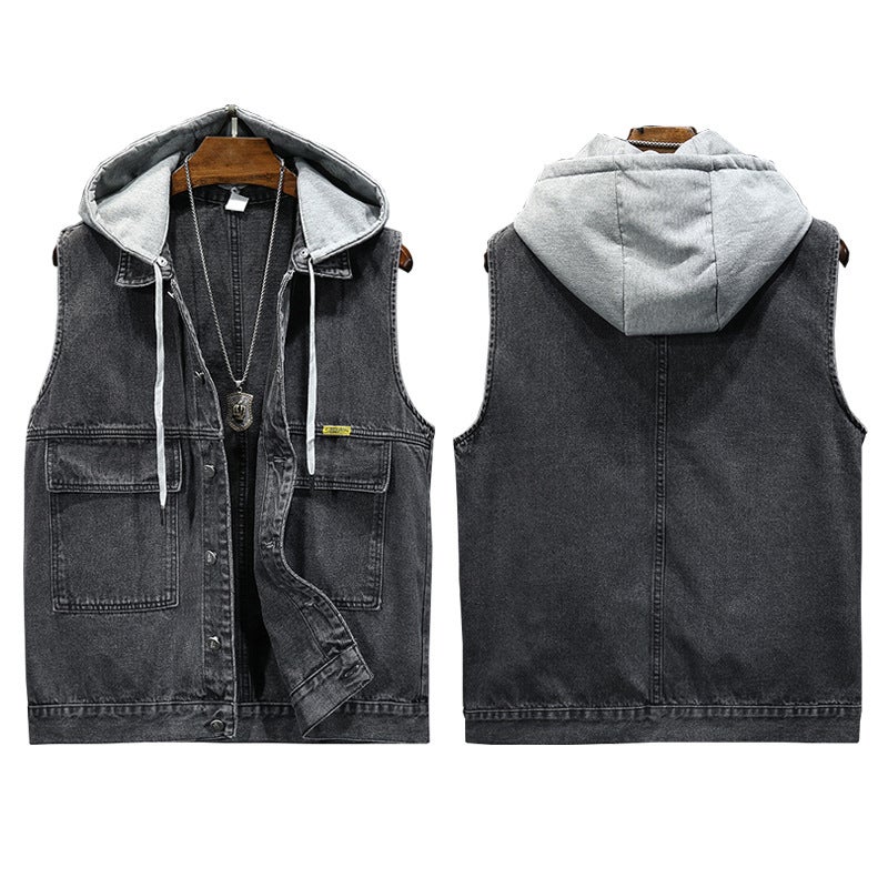 2024 Unisex Trendy Denim Vest Hooded Sleeveless Black Gray