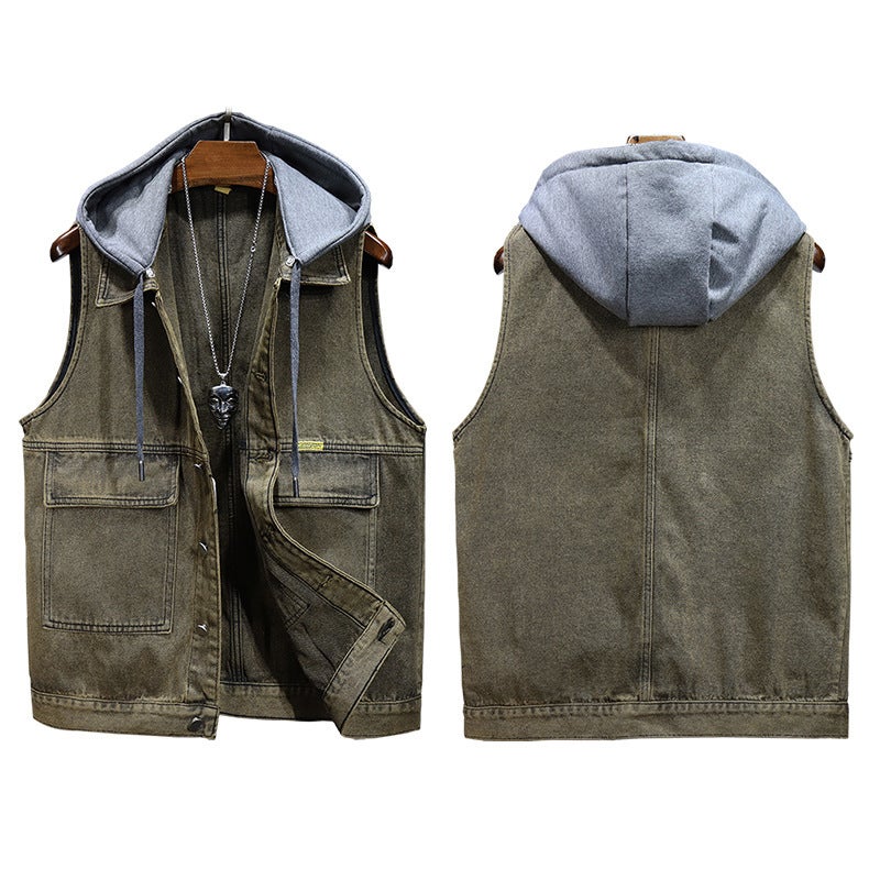 2024 Unisex Trendy Denim Vest Hooded Sleeveless willow yellow