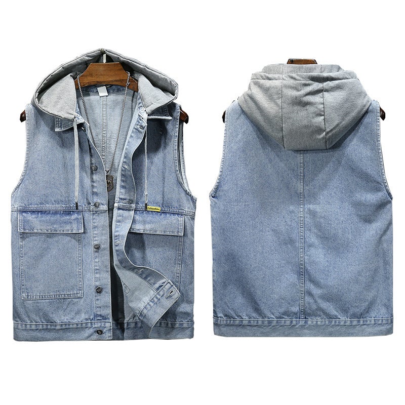 2024 Unisex Trendy Denim Vest Hooded Sleeveless Light Blue