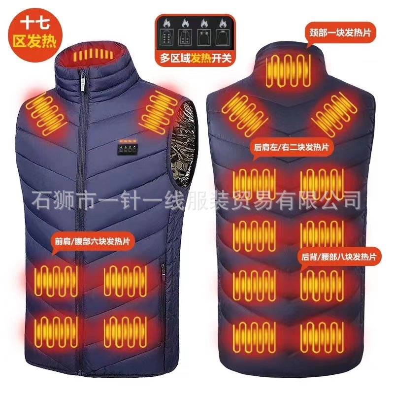 Cross-border new smart heating vest stand collar charging heating vest warm vest 17 area four control electric heating suit Blue-four control zone 17 fever