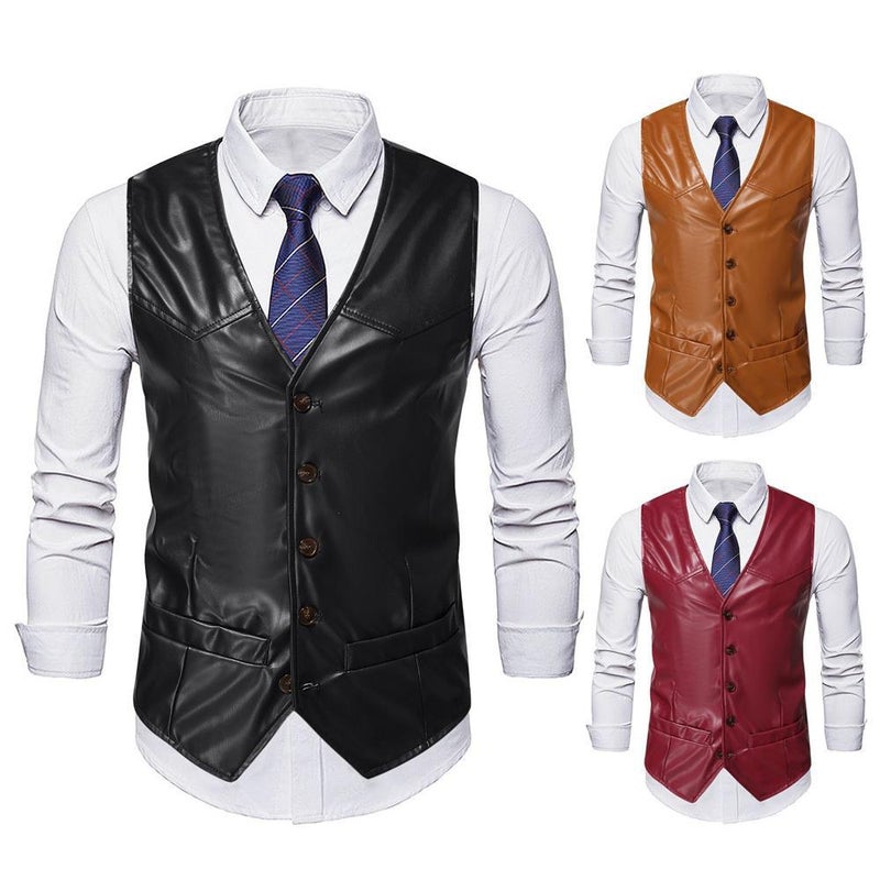 Mens PU Vest Vintage V-Neck Casual Waistcoat Black