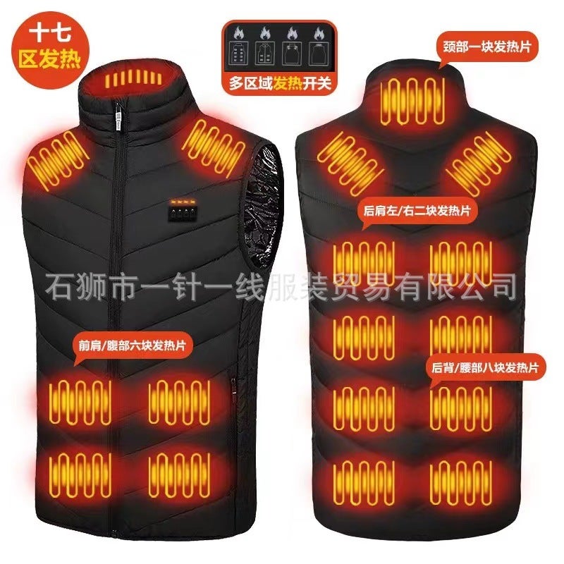 Cross-border new smart heating vest stand collar charging heating vest warm vest 17 area four control electric heating suit Black-four control zone 17 fever