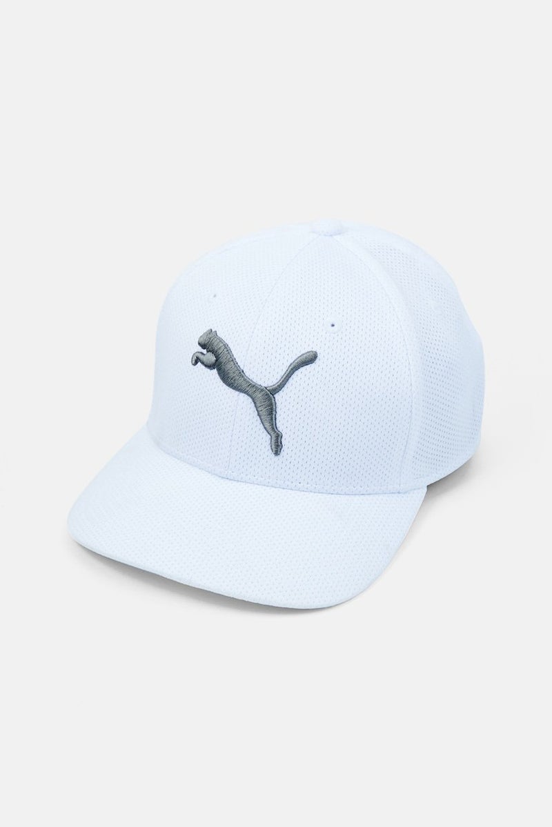 Men Stretch Fit Textured Embroidered Logo Cap, White