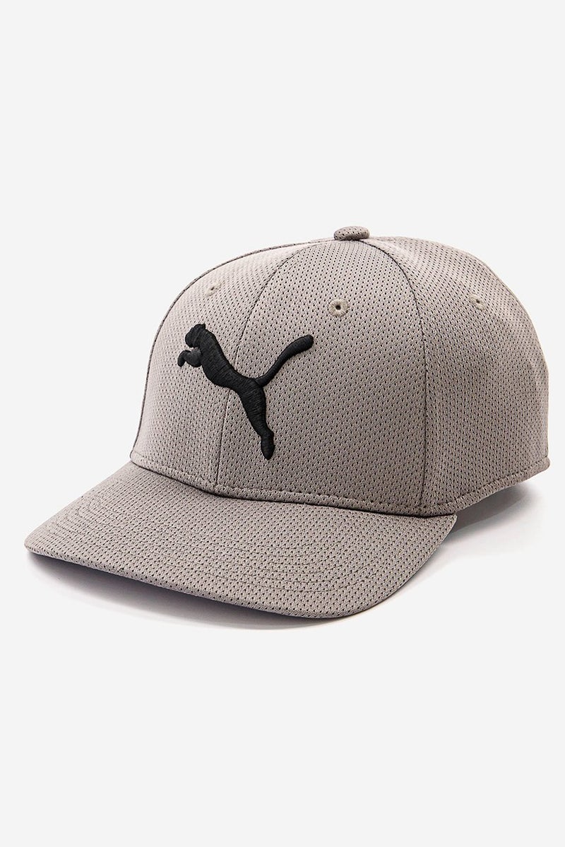 Men Stretch Fit Textured Brand Logo Cap, Grey and Black