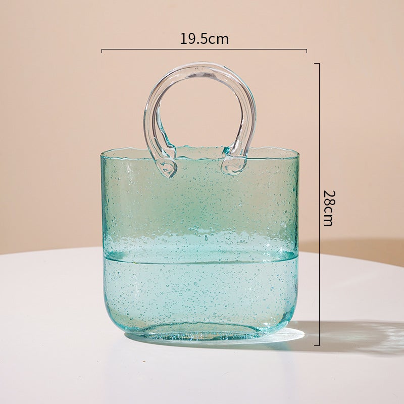 Handheld Glass Vase Floral Basket Decor Light blue bag vase [box rate 1*8]]