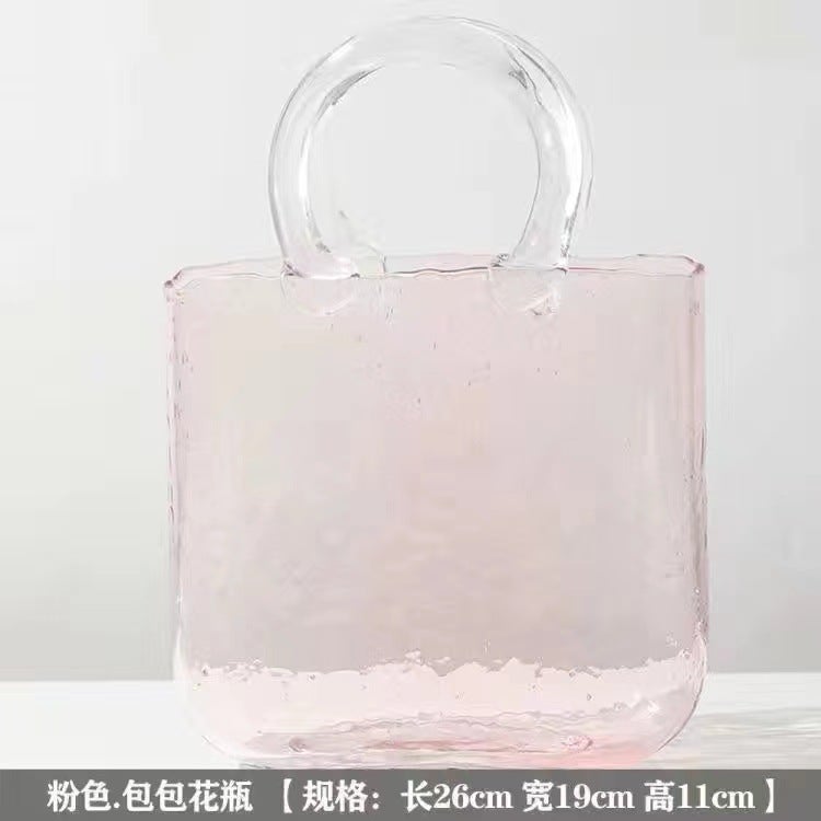 Handheld Glass Vase Floral Basket Decor Pale pink bag vase 