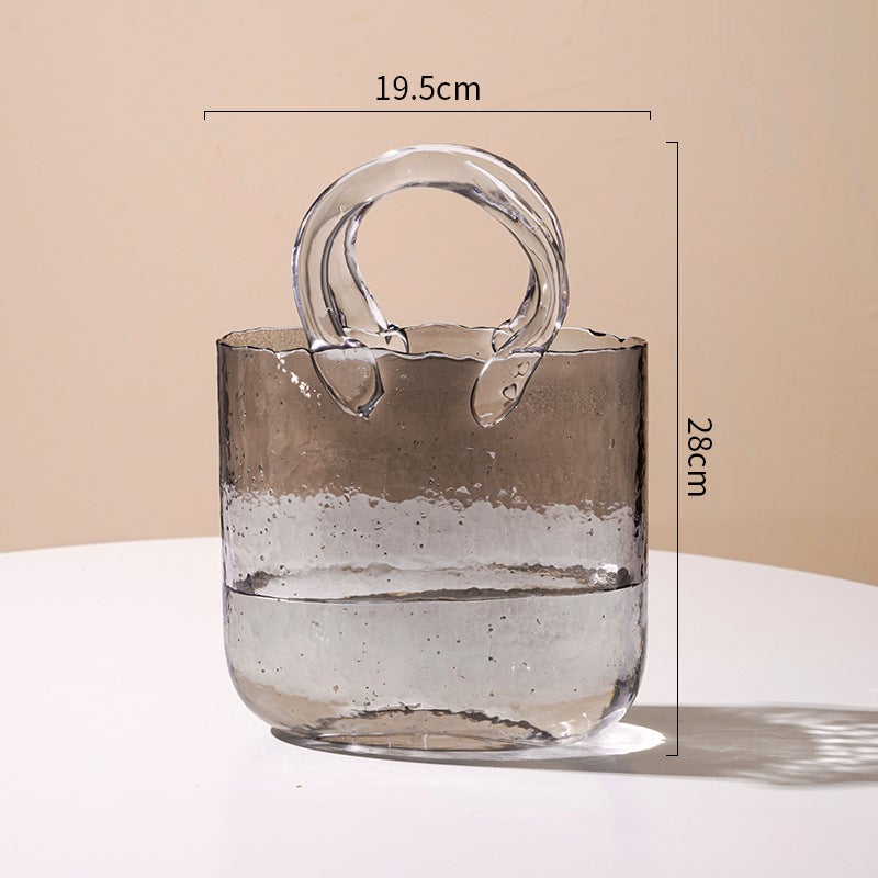 Handheld Glass Vase Floral Basket Decor Smoke gray bag vase [box rate 1*8]]