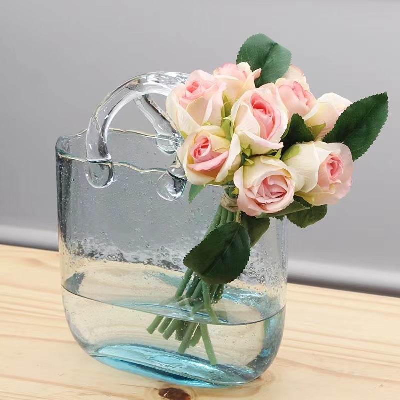 Creative Basket Glass Vase Table Decor Bag Blue