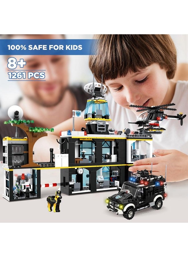 City Police Station Building Set - 1261 Pcs Police Building Blocks Toys With Helicopter Motorcycle And 2 Cars, Stem Police Construction Playset For Kids Boys Girls Aged 8 9 10 11 12+