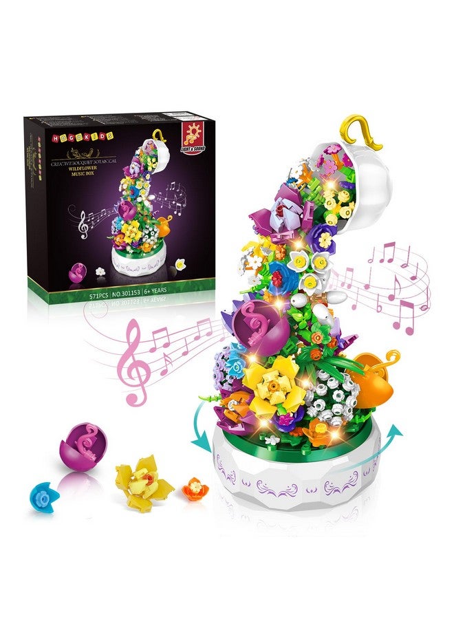 Flowers Music Box Building Block Kit With Light 571Pcs Botanical Collection Rotating Music Box Building Blocks Set ; Valentine'S Day Birthday Gift For Girls Boys Couples Adults Kids Ages 6+