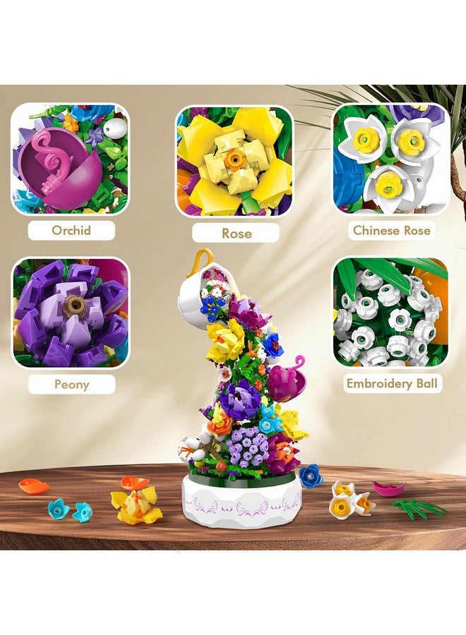 Flowers Music Box Building Block Kit With Light 571Pcs Botanical Collection Rotating Music Box Building Blocks Set ; Valentine'S Day Birthday Gift For Girls Boys Couples Adults Kids Ages 6+