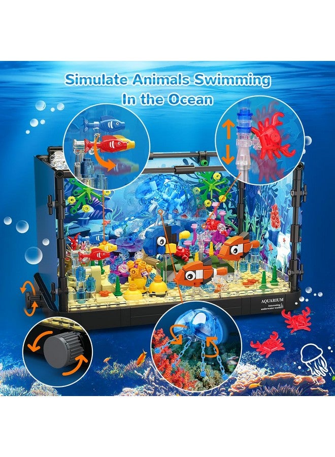 Fish Tank Building Set With Led Light Movable Aquarium Building Toys For Adults Kids ; 725Pcs Creative Toy Fish Tank With Jellyfish Fish Animal Educational Gift For Boys Girls Age 814