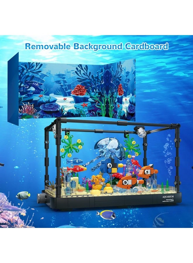 Fish Tank Building Set With Led Light Movable Aquarium Building Toys For Adults Kids ; 725Pcs Creative Toy Fish Tank With Jellyfish Fish Animal Educational Gift For Boys Girls Age 814