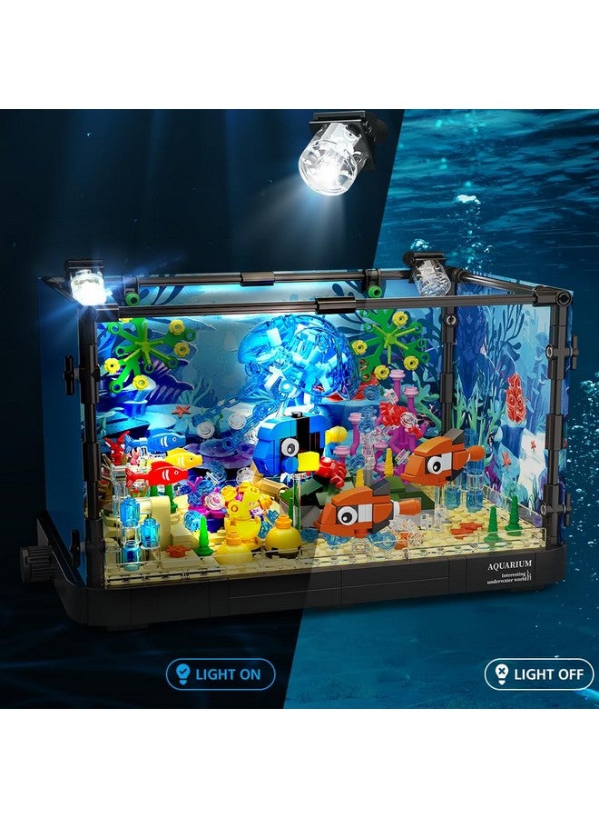 Fish Tank Building Set With Led Light Movable Aquarium Building Toys For Adults Kids ; 725Pcs Creative Toy Fish Tank With Jellyfish Fish Animal Educational Gift For Boys Girls Age 814