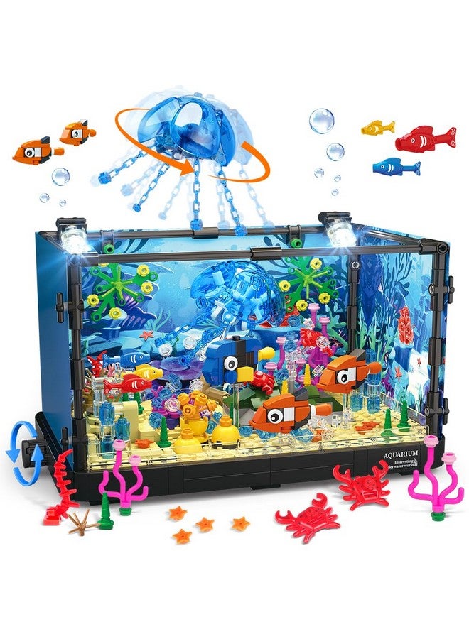 Fish Tank Building Set With Led Light Movable Aquarium Building Toys For Adults Kids ; 725Pcs Creative Toy Fish Tank With Jellyfish Fish Animal Educational Gift For Boys Girls Age 814