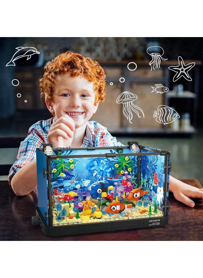 Fish Tank Building Set With Led Light Movable Aquarium Building Toys For Adults Kids ; 725Pcs Creative Toy Fish Tank With Jellyfish Fish Animal Educational Gift For Boys Girls Age 814