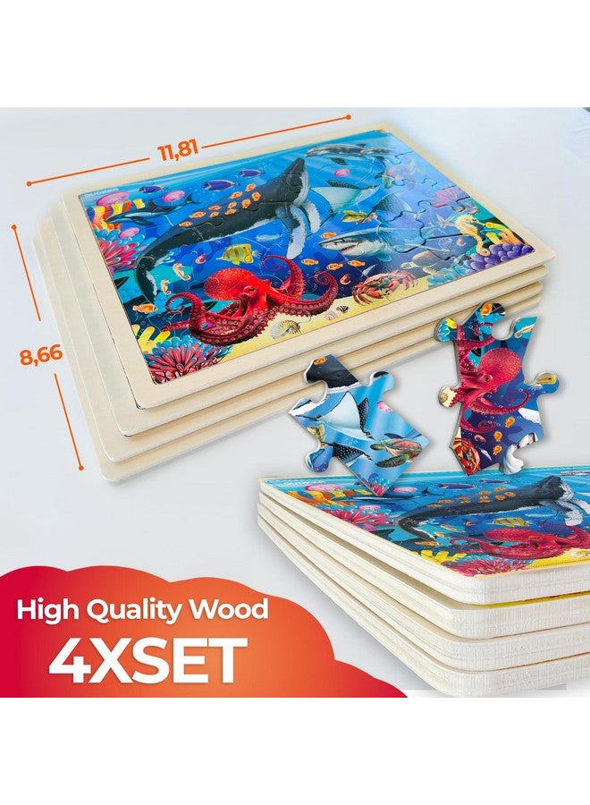 4Set Puzzles For Kids Ages 4-6 - 48 Pcs Wooden Toddler Realistic Montessori Puzzles Ages 3-5 - Wild Animals Africa Ocean Farm Learning Games For Boys And Girls 4-8 Year Olds