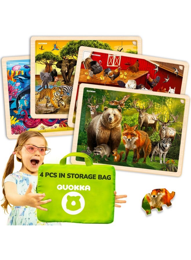 4Set Puzzles For Kids Ages 4-6 - 48 Pcs Wooden Toddler Realistic Montessori Puzzles Ages 3-5 - Wild Animals Africa Ocean Farm Learning Games For Boys And Girls 4-8 Year Olds