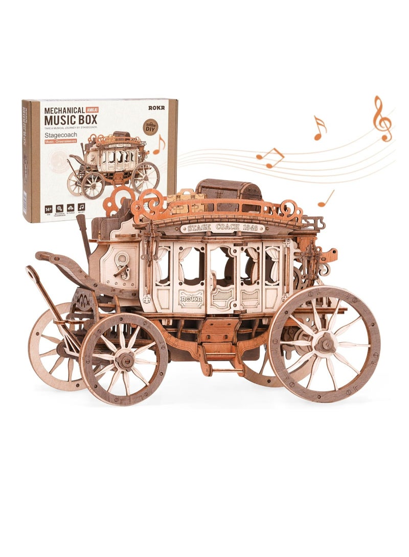 ROKR 3D Wooden Puzzle Stagecoach Mechanical Music Box AMKA1, Assembly Brain Teaser 3D Wooden Puzzle DIY Build Model Crafts Kits, Unique Gifts and Home Decor for Teens or Adults