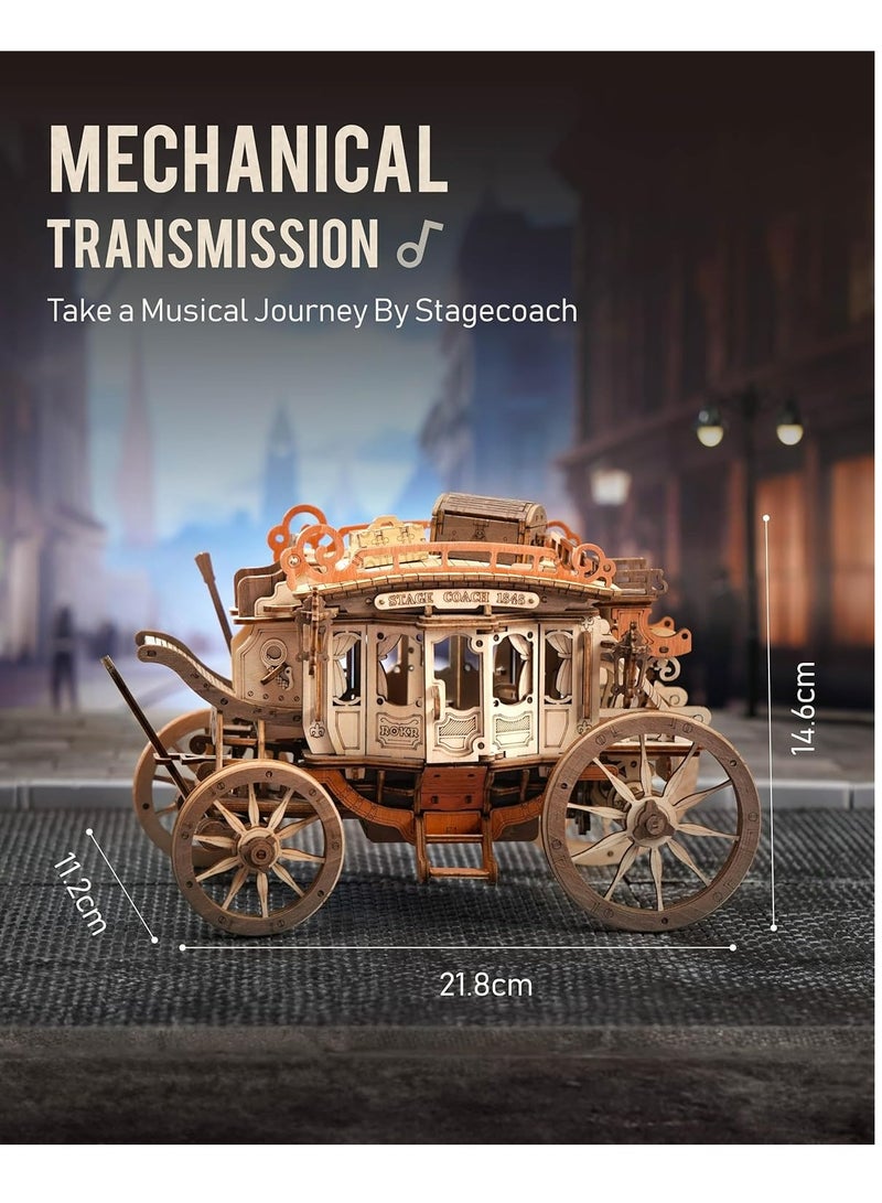 ROKR 3D Wooden Puzzle Stagecoach Mechanical Music Box AMKA1, Assembly Brain Teaser 3D Wooden Puzzle DIY Build Model Crafts Kits, Unique Gifts and Home Decor for Teens or Adults