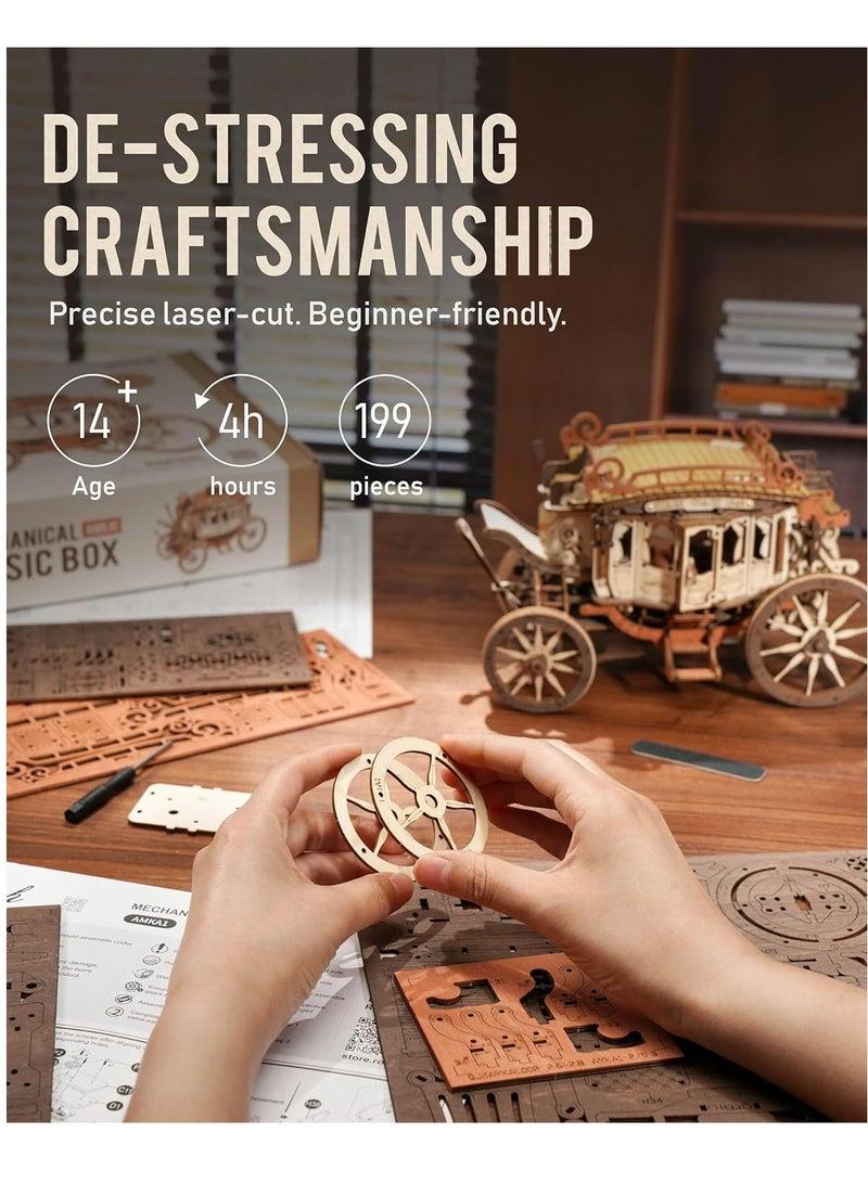 ROKR 3D Wooden Puzzle Stagecoach Mechanical Music Box AMKA1, Assembly Brain Teaser 3D Wooden Puzzle DIY Build Model Crafts Kits, Unique Gifts and Home Decor for Teens or Adults