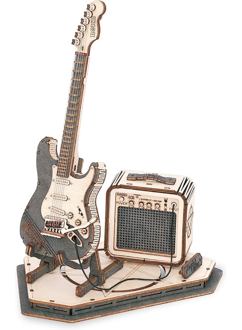 ROKR Electric Guitar Model 3D Wooden Puzzle DIY music box TG605K,Assembly Brain Teaser 3D Wooden Puzzle DIY Build Model Crafts Kits, Unique Gifts and Home Decor for Teens or Adults