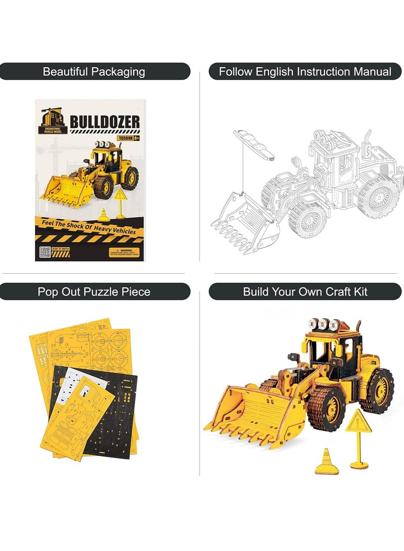 ROKR Bulldozer Engineering Vehicle 3D Wooden Puzzle TG509K,Assembly Brain Teaser 3D Wooden Puzzle DIY Build Model Crafts Kits, Unique Gifts and Home Decor for Teens or Adults