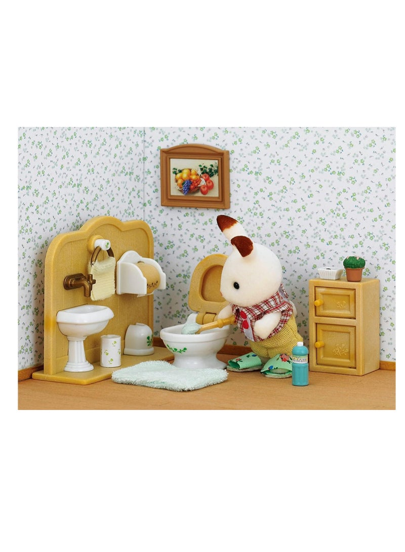 Chocolate Rabbit Brother with Bathroom Accessories | Includes Sink, Toilet, Bath Mat, Soap, and Toilet Paper | Velvety Doll, 7 cm | Ideal for Ages 3 & Up