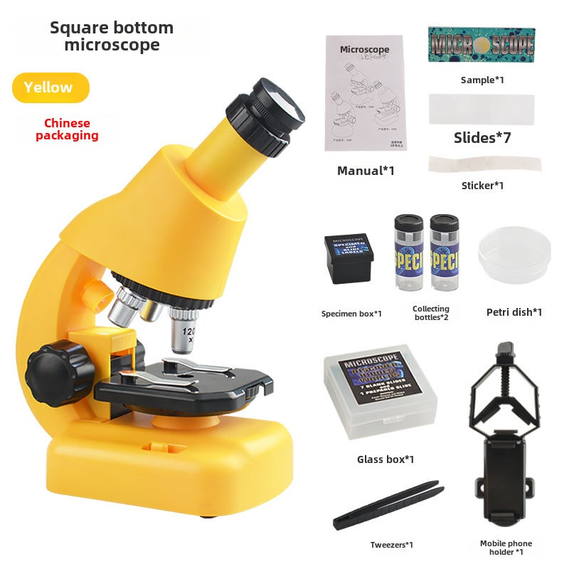 Kids Microscope Toy 1200X STEM Educational Magnifier Square bottom yellow (Chinese window box)