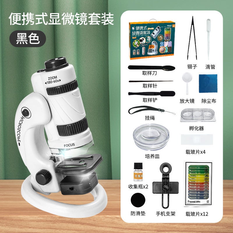 Portable Kids Microscope 180x HD Educational Toy Set Portable Microscope Deluxe Edition (1599) White and Black