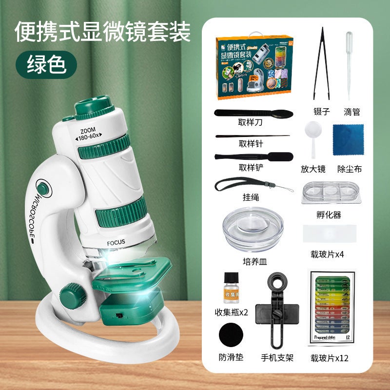 Portable Kids Microscope 180x HD Educational Toy Set Portable microscope Deluxe Edition (1599) White Green