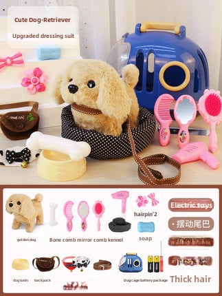 Walking Barking Plush Dog Toy for Kids Luxury Upgrade-Golden Hair [Portable Cage + Kennel + Pet Dress Accessories]]