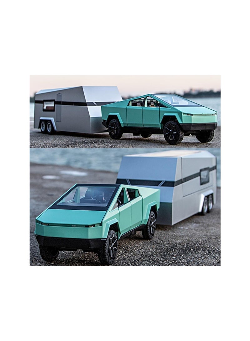 1/32 Green Pickup Truck With Rv Trailer Car Model Kit, Alloy Off-Road Vehicle, Car Model Diecast Metal Toy, Truck Model Simulation Sound Light, Gift For Boys And Girls.