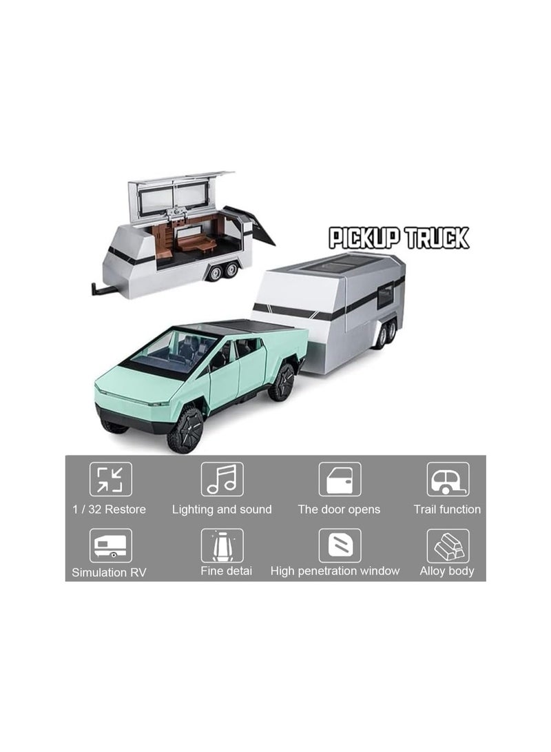 1/32 Green Pickup Truck With Rv Trailer Car Model Kit, Alloy Off-Road Vehicle, Car Model Diecast Metal Toy, Truck Model Simulation Sound Light, Gift For Boys And Girls.