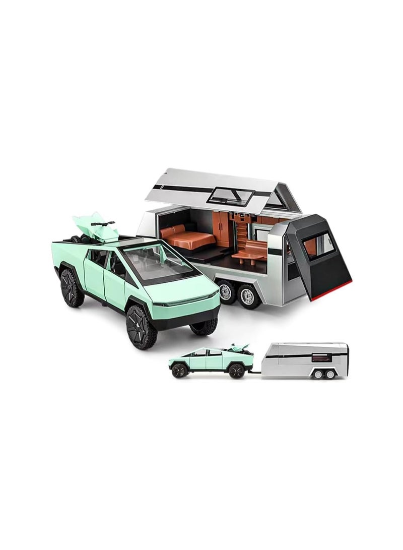 1/32 Green Pickup Truck With Rv Trailer Car Model Kit, Alloy Off-Road Vehicle, Car Model Diecast Metal Toy, Truck Model Simulation Sound Light, Gift For Boys And Girls.