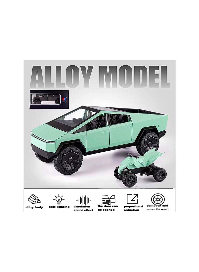 1:24 Green Pickup Truck Off-Road Alloy Car Model Toy With Small Motorcycle Toy, Sound And Light Function, Suitable For Adults And Children As Toy Gifts, Collectibles, Decorations.