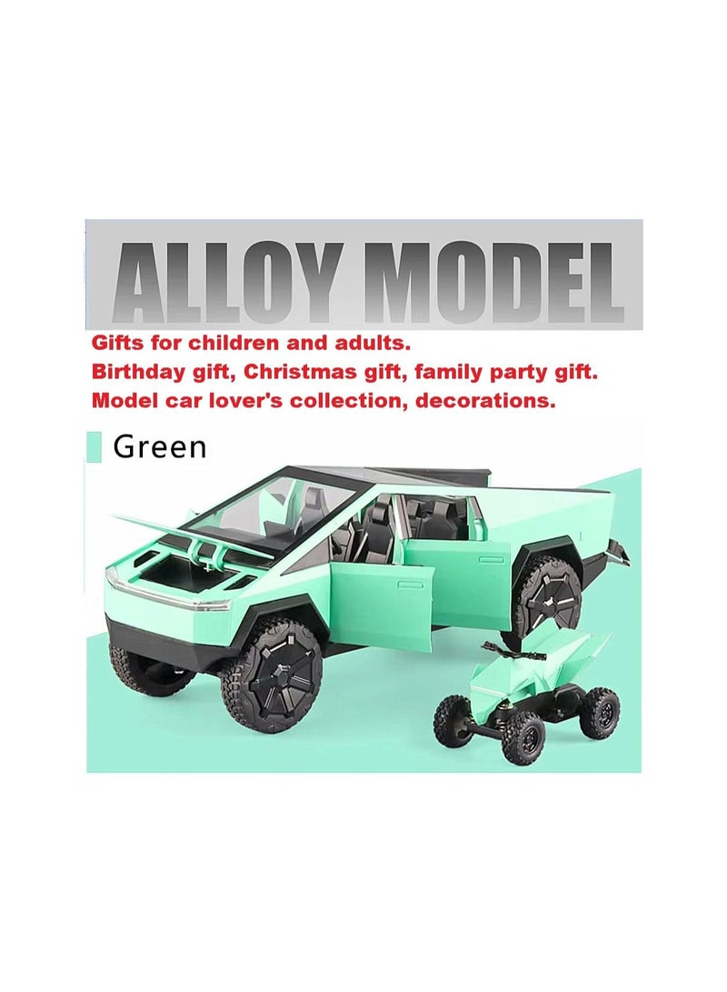 1:24 Green Pickup Truck Off-Road Alloy Car Model Toy With Small Motorcycle Toy, Sound And Light Function, Suitable For Adults And Children As Toy Gifts, Collectibles, Decorations.