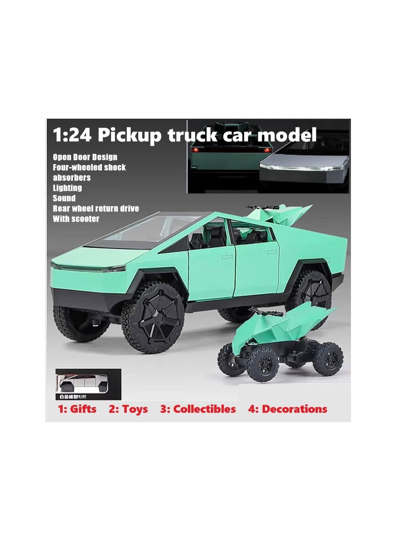 1:24 Green Pickup Truck Off-Road Alloy Car Model Toy With Small Motorcycle Toy, Sound And Light Function, Suitable For Adults And Children As Toy Gifts, Collectibles, Decorations.