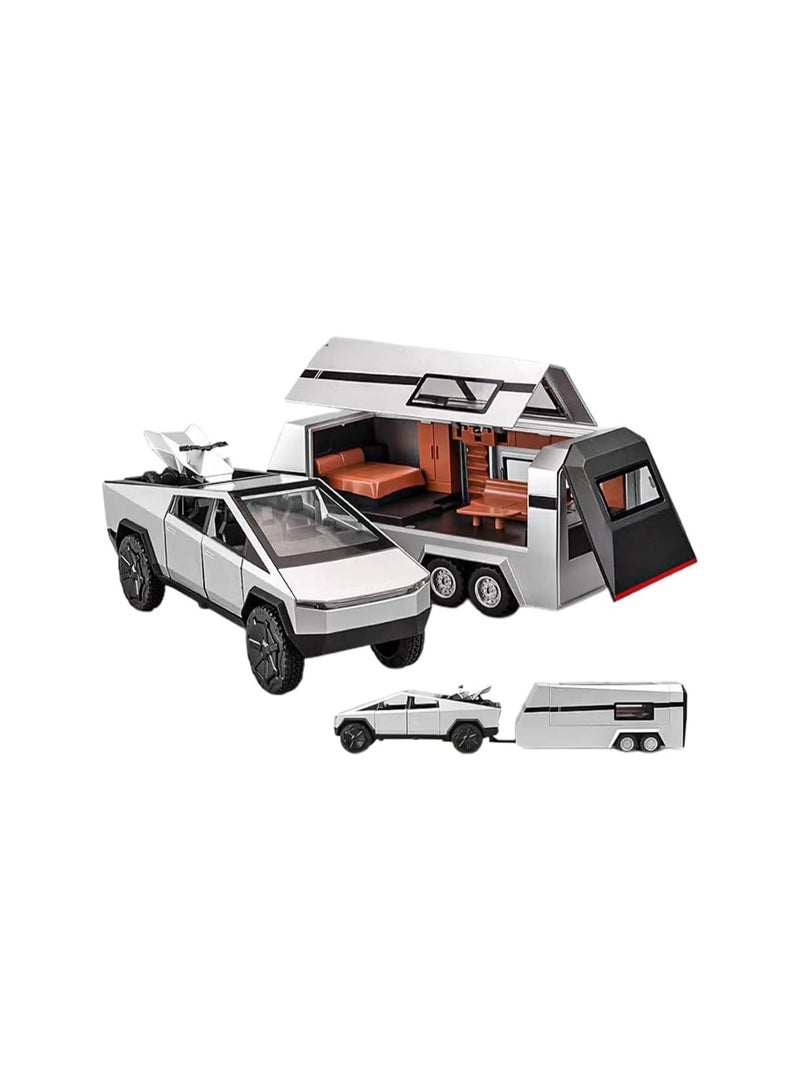 1/32 Silver Rv Pickup Truck Trailer Rv Model Kit, Alloy Off-Road Vehicle, Car Model Diecast Metal Toy, Truck Model Simulation Sound Light, Gift For Boys Girls.