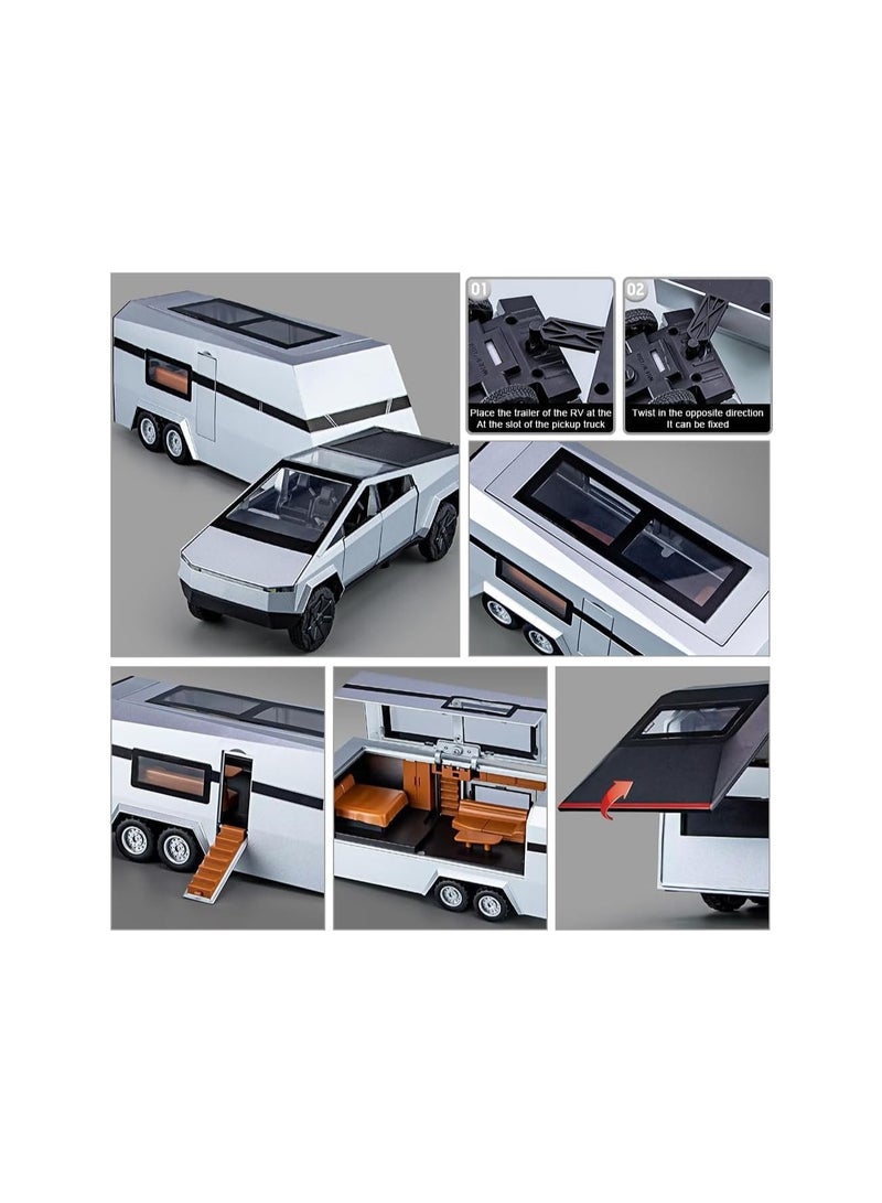 1/32 Silver Rv Pickup Truck Trailer Rv Model Kit, Alloy Off-Road Vehicle, Car Model Diecast Metal Toy, Truck Model Simulation Sound Light, Gift For Boys Girls.