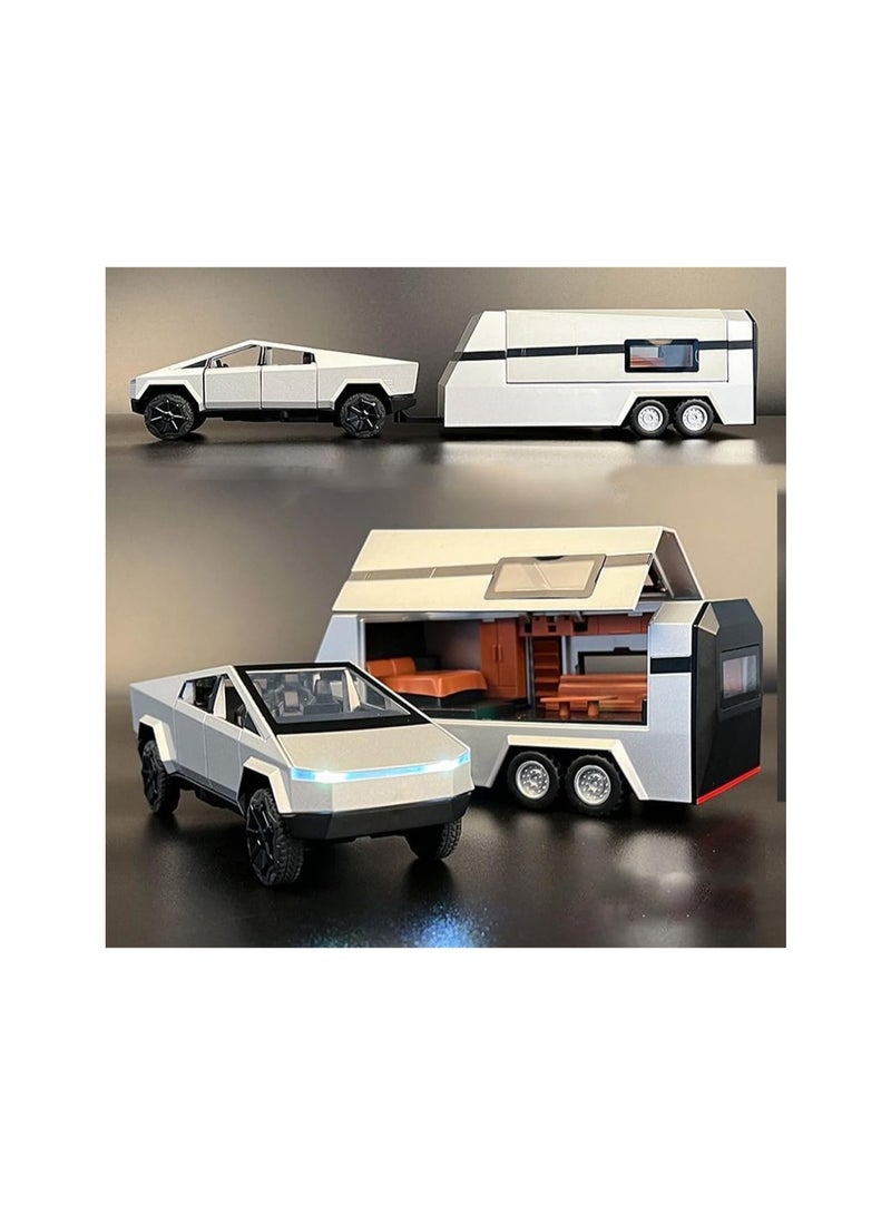 1/32 Silver Rv Pickup Truck Trailer Rv Model Kit, Alloy Off-Road Vehicle, Car Model Diecast Metal Toy, Truck Model Simulation Sound Light, Gift For Boys Girls.