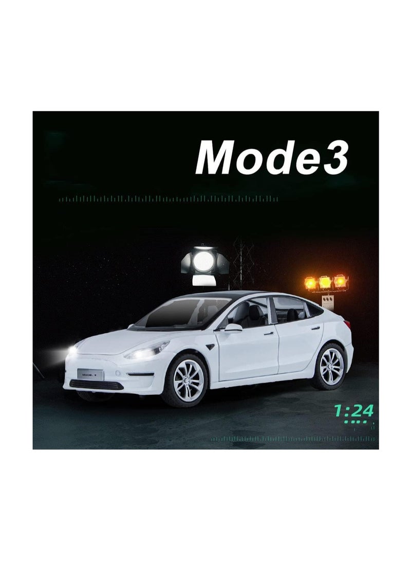 1:24 White Model 3 Alloy Cars Diecast Toy Car For Kids, Pull Back Alloy Car With Light And Music, Great Gift For Boys And Girls.