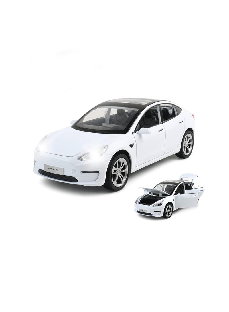 1:24 White Model 3 Alloy Cars Diecast Toy Car For Kids, Pull Back Alloy Car With Light And Music, Great Gift For Boys And Girls.