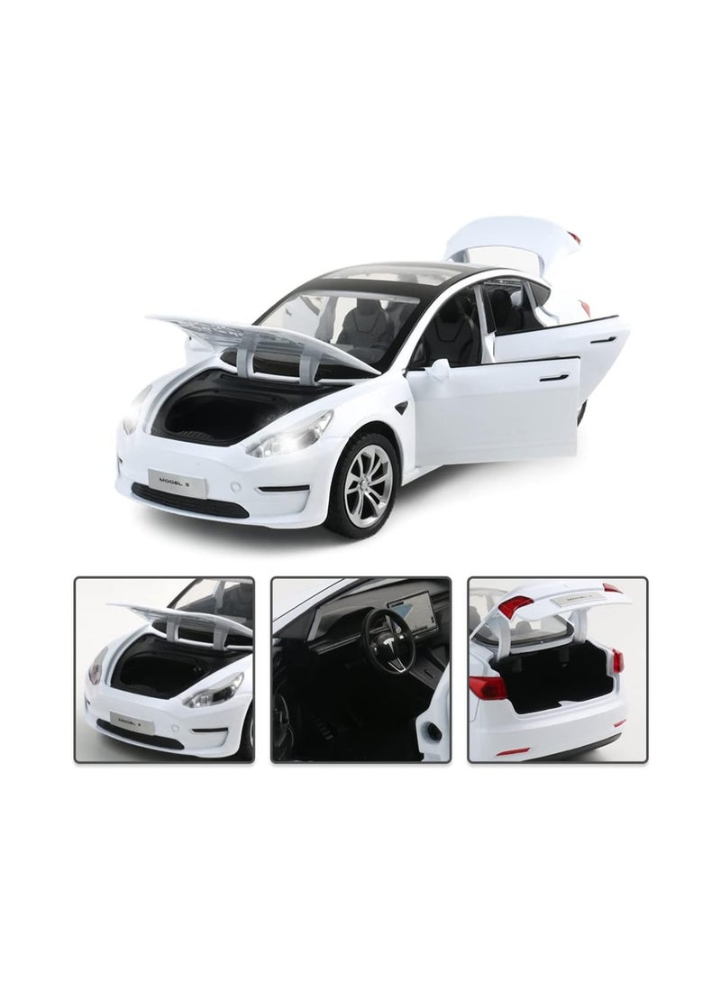 1:24 White Model 3 Alloy Cars Diecast Toy Car For Kids, Pull Back Alloy Car With Light And Music, Great Gift For Boys And Girls.