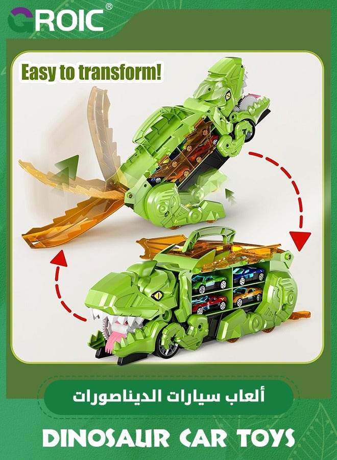 Transporter Dinosaur Truck Toy with 12 Diecast Racing Cars, Monster Truck Carrier Set Transforms into Dino with Race Track, Toddler Toys Gifts for Kids, Dino Transport Car with Wings and Handle