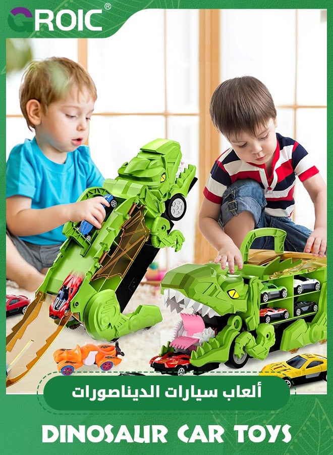 Transporter Dinosaur Truck Toy with 12 Diecast Racing Cars, Monster Truck Carrier Set Transforms into Dino with Race Track, Toddler Toys Gifts for Kids, Dino Transport Car with Wings and Handle