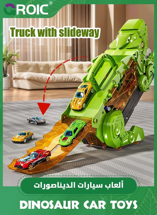 Transporter Dinosaur Truck Toy with 12 Diecast Racing Cars, Monster Truck Carrier Set Transforms into Dino with Race Track, Toddler Toys Gifts for Kids, Dino Transport Car with Wings and Handle