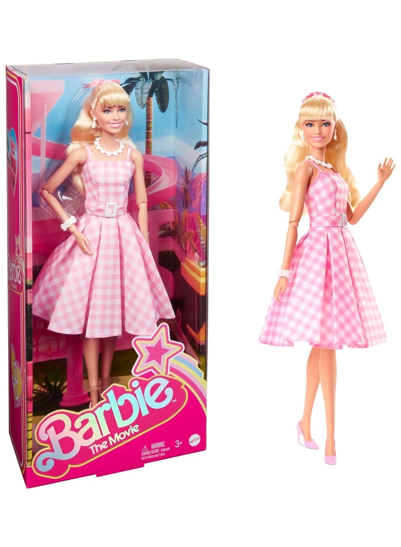 Barbie The Movie Doll, Margot Robbie as, Collectible Doll Wearing Pink & White Gingham Dress with Daisy Chain Necklace